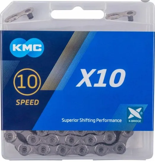 Цепь KMC Х-10 1/2"х11/128" с замком в пластиковой коробке 10скоростей, серая, 114 звеньев